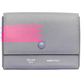 Céline-CELINE hot pink grained leather silver logo 4 fold flap wallet-Pink