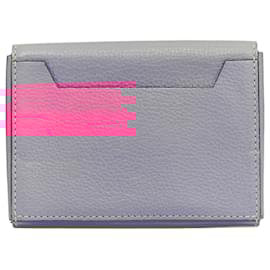 Céline-CELINE hot pink grained leather silver logo 4 fold flap wallet-Pink