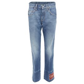 Jeans flare em algodão azul desbotado com patch de logo vermelho da GUCCI Alessandro Michele 28" Azul