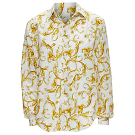 Versace-Camisa de algodão com estampa floral e folhas Barocco Rococo em ouro branco VERSACE EU40 M-Branco