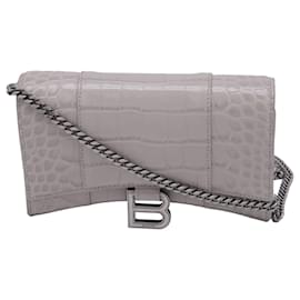 Balenciaga-Balenciaga Croc Embossed Hourglass Wallet on Chain In Grey Leather -Grey