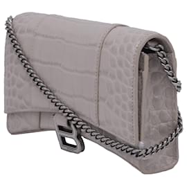 Balenciaga-Balenciaga Croc Embossed Hourglass Wallet on Chain In Grey Leather -Grey