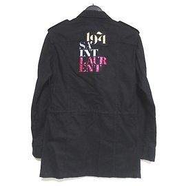 Yves Saint Laurent Giacca militare in misto cotone e lino con patch logo ricamato in glitter Saint Laurent Paris Nero