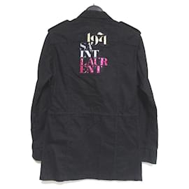 Yves Saint Laurent Veste militaire en mélange de coton et lin avec patch logo en paillettes brodé Saint Laurent Paris Noir