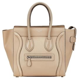 Céline-Celine Luggage Micro Shopper Handbag in Beige Leather-Beige