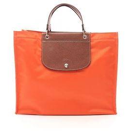 Bolsa Tote Longchamp em Nylon e Couro Laranja