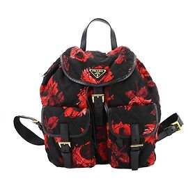 Prada Black and Red Floral Print Backpack Black Red