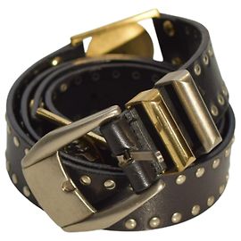 Cinto de couro vintage com studs Gianni Versace – Preto com fivela Medusa Azul