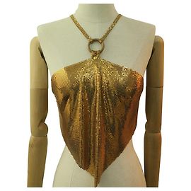 TOP VINTAGE PACO RABANNE EM JERSEY COM ALÇAS DE METAL DOURADO E COSTAS NUAS Dourado