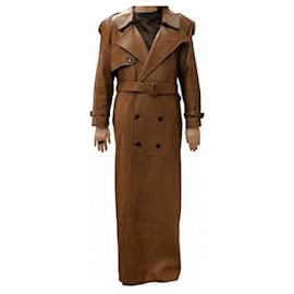 Saint Laurent-NEW RARE SAINT LAURENT LONG TRENCH COAT 740485 36 S CAMEL LEATHER COAT-Camel