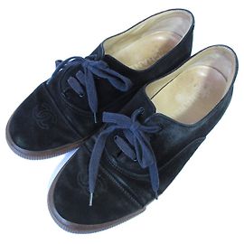 Chanel Coco Mark Suede Lace-up Flat Shoes Black