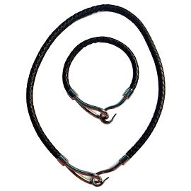 Conjunto de colar e pulseira Hermès Jumbo couro trançado preto e metal prateado Prata
