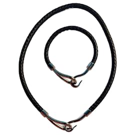 Hermès Jumbo necklace and bracelet set black braided leather silver metal Silvery