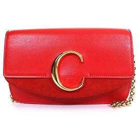 Borsa a Spalla in Pelle Suede Chloé C Logo Rosso