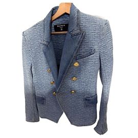 Balmain Monogrammed double breasted denim blazer with golden buttons Light blue