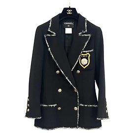Chanel COCO Camellia Emblem Wool Tweed Jacket Black