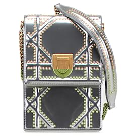 Dior-Dior Silver Metallic Studded Calfskin Vertical Diorama-Silvery