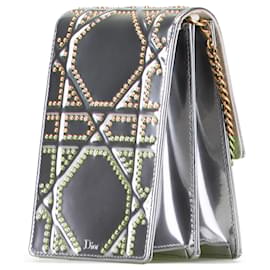 Dior-Dior Silver Metallic Studded Calfskin Vertical Diorama-Silvery