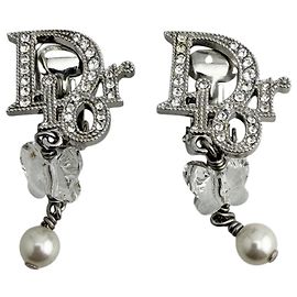Boucles d'oreilles en perles argentées avec logo Christian Dior en cristaux strass Argenté