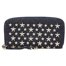 Jimmy Choo Star Studs Canvas Leather Wallet Blue Navy blue
