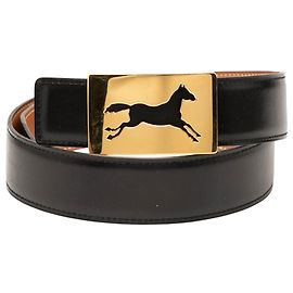 Cinto de couro de vitelo preto Hermès com fivela de cavalo. Preto