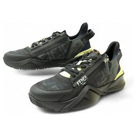 NEW FENDI FLOW SNEAKERS 7E1519 8 IT 43 BLACK CANVAS LEATHER Black