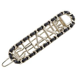 Chanel Black Gold Plated Leather Barrette Black