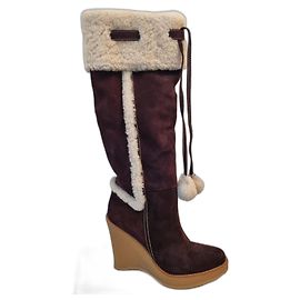 Bally Lambskin Suede Wedge Boots Dark Brown Dark brown