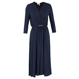 Robe midi à manches longues plissée en polyester bleu marine à col en V de Lanvin Bleu Bleu Marine