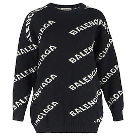 Schwarzer Wollpullover mit Balenciaga-Logo über das gesamte Kleidungsstück Schwarz