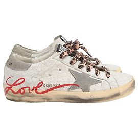 Tênis baixos em couro branco com efeito craquelado Golden Goose Super Star Branco