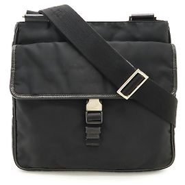 Prada Logo Jacquard Nylon Leather Shoulder Bag Black