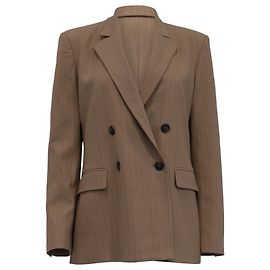 Maje Pinstriped Double-Breasted Blazer with Pockets in Brown Wool Brown Red