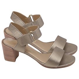 Stuart Weitzman Ankle Strap Block-Heel Sandals in Metallic Gold Leather Golden Metallic
