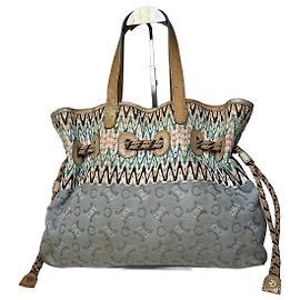 Céline Vintage Celine Monogram Handbag Beige Blue White Blue