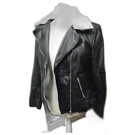 Autre Marque Aviator Jacket Le Temps des Cerises in Black Leather with Ecru Fur Collar Size 42/XL Black