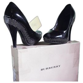 Burberry Patent Leather Studded Peep-Toe Platform. Black