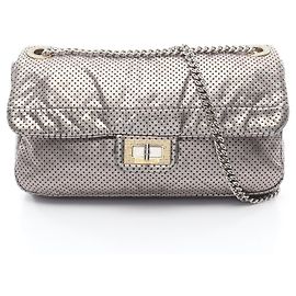 Chanel 2.55 Punched Leather Shoulder Bag Silvery