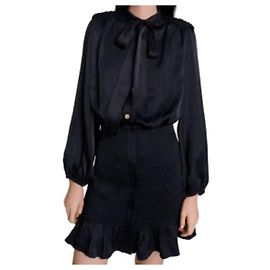 Maje schwarzes Satin Hemdblusenkleid mit Schleifenkragen Schwarz