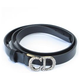 Cinto estreito de couro com fivela CD de strass Christian Dior Preto