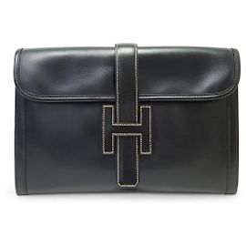 Hermès VINTAGE HERMES JIGE CLUTCH BAG 29 CM BLACK BOX LEATHER Black