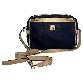 Céline Vintage Celine Triomphe Shoulder Leather Polyester Bag Navy Gold Navy blue