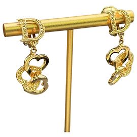 Brincos de coração em cristal com strass dourado e logo Christian Dior Dourado