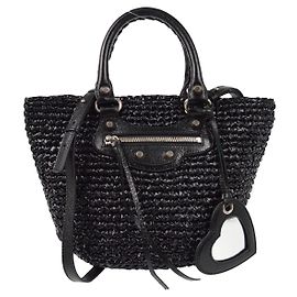 Balenciaga Le Cagole Panier en Raphia avec Cuir Noir