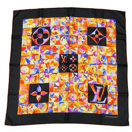 Cachecol de seda Louis Vuitton em preto e multicolorido Preto Multicor Laranja Monograma