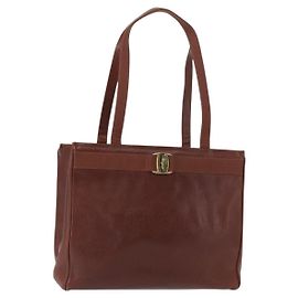 Salvatore Ferragamo Vintage Vara Bow Tote Lizard Embossed Leather Medium Brown