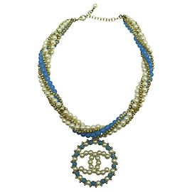 CHANEL HALSKETTE CC LOGO ANHÄNGER 2018 BLAUE PERLEN MUTTERPERLE BOX PERLENHALSKETTE Golden