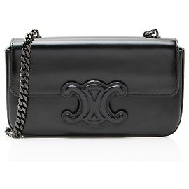 Céline Celine Shiny Calfskin Triomphe Chain Shoulder Bag Black