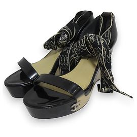 Chanel Platform Patent Leather Heel Sandals Black Beige