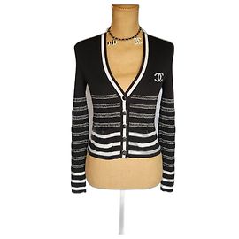 Chanel Cardigan Schwarz Weiß Baumwolle Kaschmir Schwarz Weiß